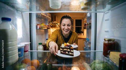 girl opens refrigerator to get a cake