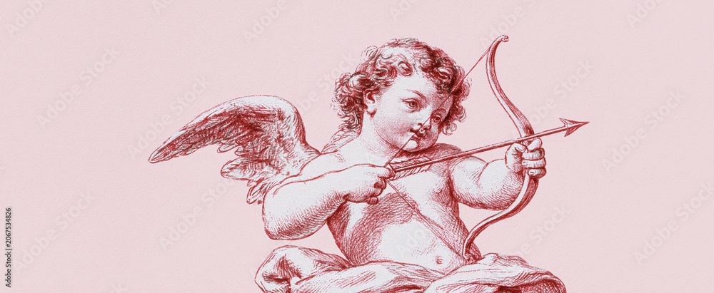 Obraz premium Illustration of a cherub holding a bow and arrow against a soft pastel backdrop, ideal for romantic Valentine's designs.