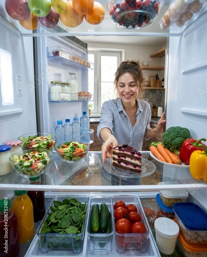 girl opens refrigerator to get a cake