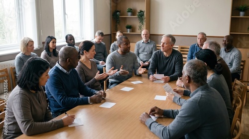 Community Civic Discussion Table With Diverse Citizens In Neutral Hall