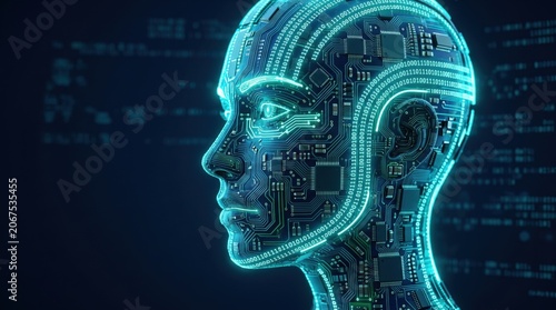 Artificial intelligence robot head with glowing circuit board patterns, futuristic humanoid android profile, digital cybernetic brain technology concept