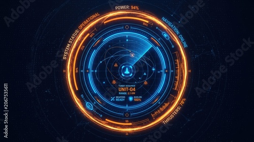 Futuristic HUD interface with circular radar display, glowing blue and orange sci-fi dashboard, high-tech digital control panel for spacecraft navigation