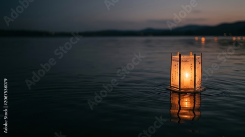 Traditional glowing paper lantern floating on calm water at night