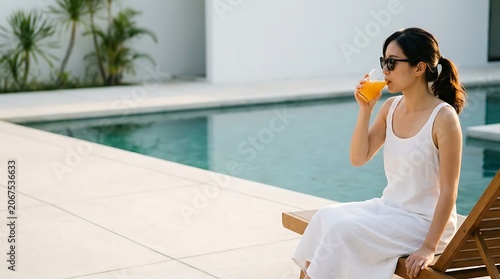 Relaxed woman enjoying orange juice at a luxury poolside