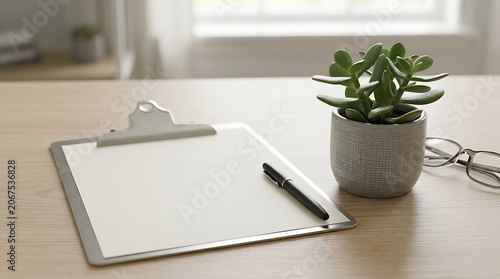 Blank clipboard with pen and succulent on office desk