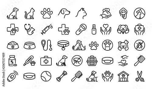 Fotografie Pet care veterinary icons vector minimal outline animal pack