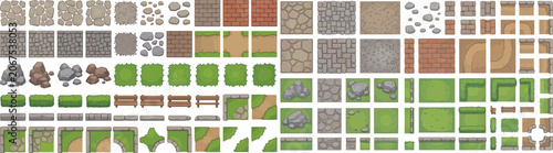 Cuadro en lienzo Landscape architecture 2D CAD texture and planting library in top view, modular tile grid of hardscape materials, vegetation blocks, and site plan elements for landscape and urban design drafting