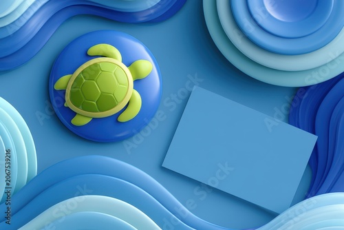 Cute Turtle and Ocean Waves with Blank Card for Child or Ocean Theme