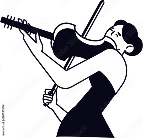 Tableau sur toile A stylized, high-contrast black and white vector illustration of a female musician passionately playing a violin, featuring clean lines and modern design