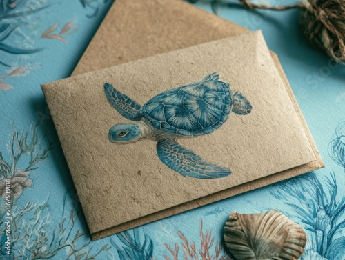 Illustration of a sea turtle on a textured card with ocean background