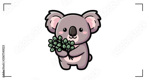Photography A charming cartoon koala happily holding a bunch of fresh eucalyptus leaves
