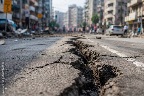 Cracked City Street After Earthquake with Blurred Urban Background, Natural Disaster and Infrastructure Damage Concept