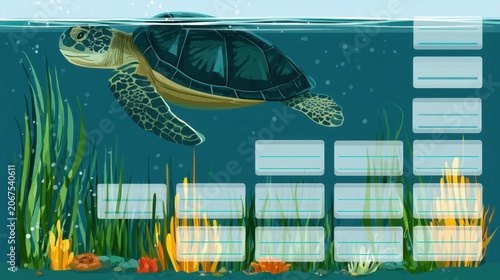 Green sea turtle (Chelonia mydas) swim underwater wildlife illustration
