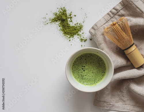 Traditional Matcha Green Tea with Bamboo Whisk on White Background