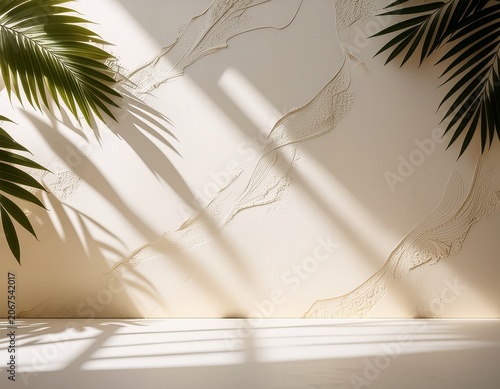 Minimal Tropical Palm Leaf Shadows on Beige Textured Wall Background