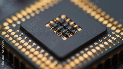 Close-Up of Electronic Circuit Board Detail with Gold Contacts and Microchip Features