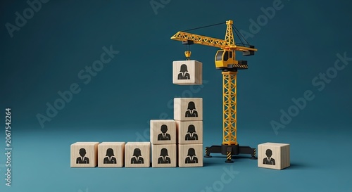 Conceptual 3d illustration of a construction crane building a team by placing wooden blocks with person icons symbolizing hr recruitment