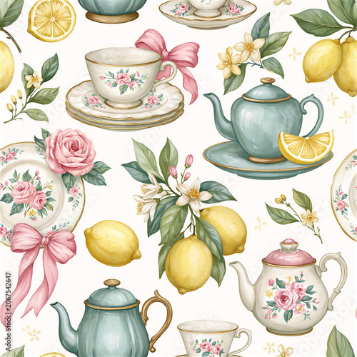 Elegant seamless pattern collection featuring watercolor lemons, lemon blossoms, vintage teacups, garden florals, watering cans, rustic cottage décor, baskets, books, cakes, and botanical elements. In