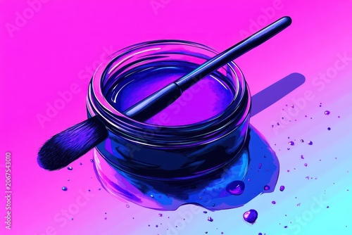 A vibrant jar of spilled purple liquid with a brush on a gradient background