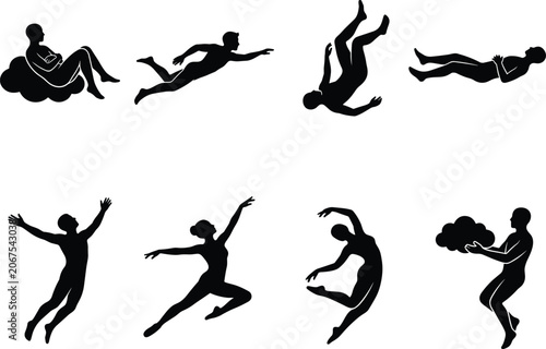 Foto Floating and flying people silhouettes set representing dreaming freedom weightl