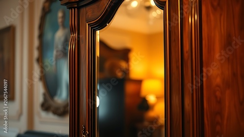 Vintage wooden armoire with ornate mirror, polished surface in warm golden light.