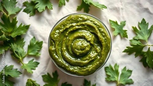Fresh green herbal paste on a linen cloth, a natural remedy prepared.
