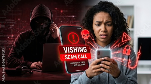 Young woman's worried expression as she holds smartphone displaying vishing scam call alert with hacker in background red warning icons symbolizing danger and security breach digital threat concept