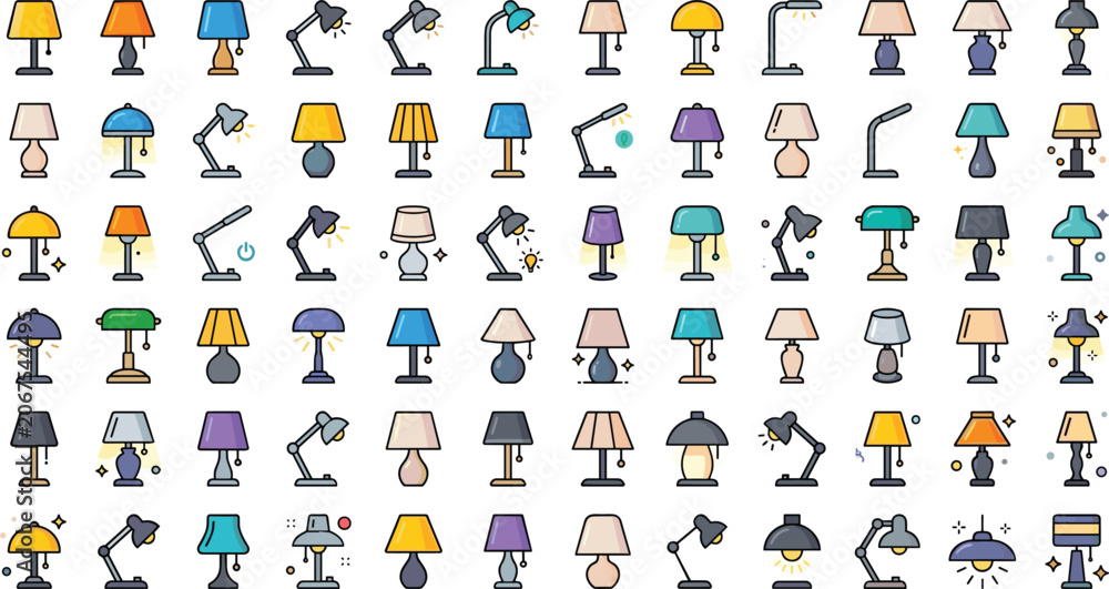 Fototapeta premium Collection of table lamps, desk lamps and decorative lighting fixtures in colorful flat vector icon set isolated on white