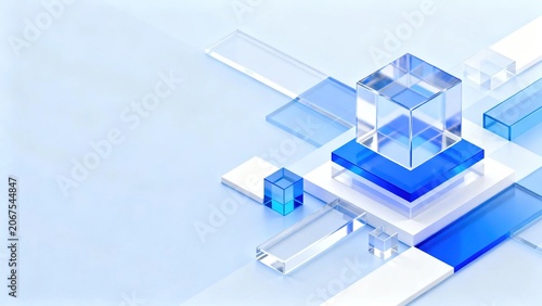 Minimal abstract 3D composition of transparent blue and clear glass geometric shapes on light blue background modern clean business and technology design