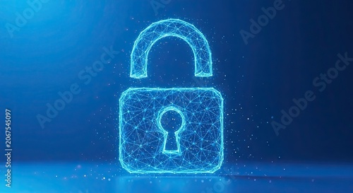 Digital padlock unlocked glowing blue geometric network lines and particles on a dark blue background representing cybersecurity data protection and online safety concepts with futuristic technology