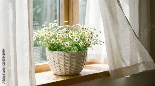 Vibrant white daisy flowers in woven basket on sunlit windowsill with sheer curtains