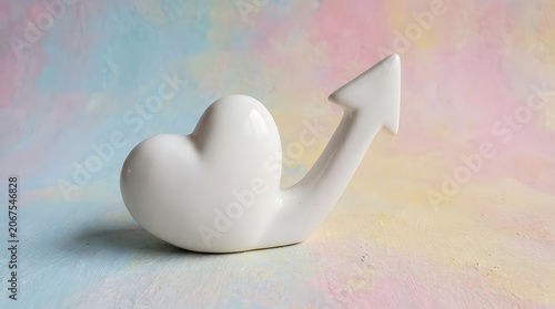 Modern white ceramic heart with an upward arrow symbol on pastel background