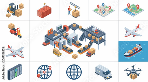 Isometric logistics and delivery icons representing global shipping and transportation services.