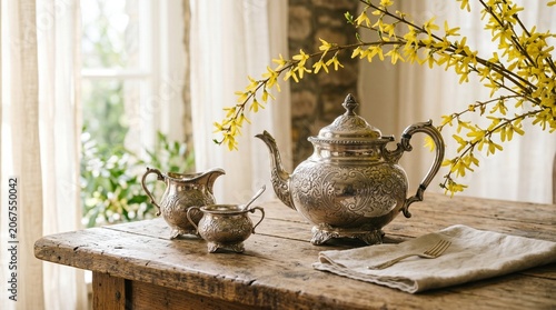 Vintage silver tea set on rustic wooden table with forsythia