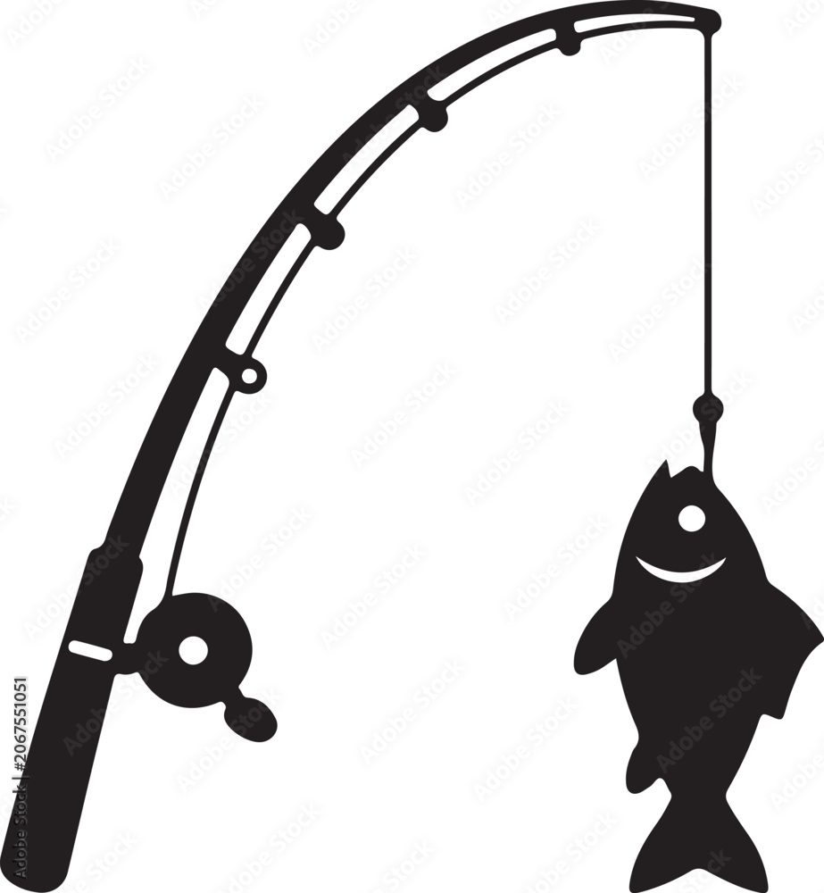 Fototapeta premium Silhouette fishing rod and fish icon in black vector style for angling, sport and outdoor themes.