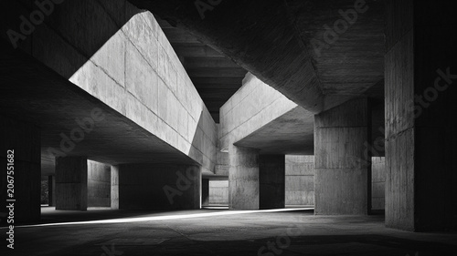 massive brutalist architecture with dramatic black shadows and sharp geometric lines, monochrome fine art photography