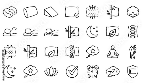 Foto Sleep Care and Orthopedic Pillow Outline Icons Collection Vector Illustration