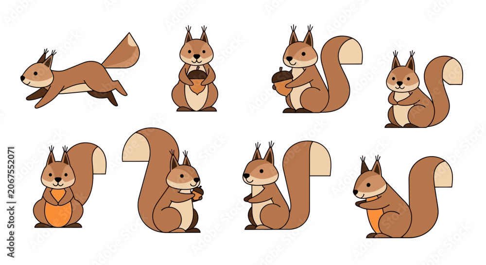 Naklejka premium Set of cute cartoon squirrel characters in various poses