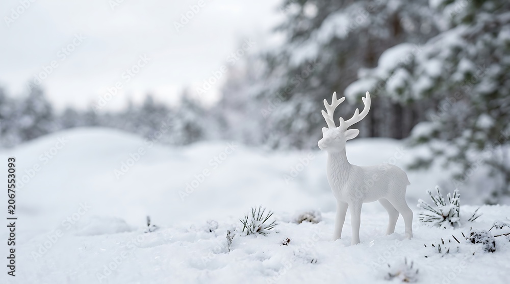 Naklejka premium White deer figurine standing in a snowy winter forest landscape