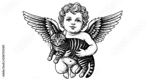 Foto Vintage cherub, winged child, holding cat, black and white illustration, vector