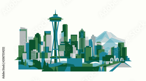 Seattle Skyline with Space Needle and Mountain Landscape Flat Design