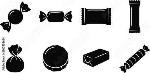 Foto Wrapped Candy and Sweet Confectionery Silhouette Icons Set for Packaging Design