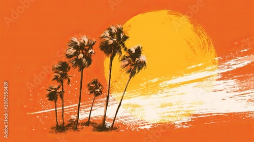 Summertime vector background with palm trees, bright sun, white brush strokes, hot sunny day graphic template with copy space