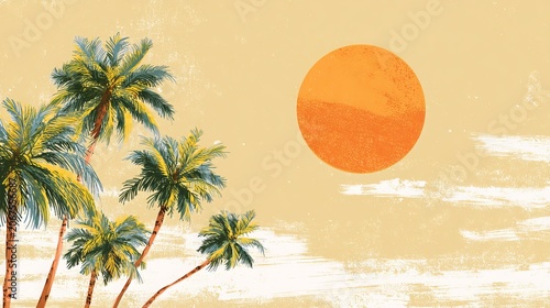 Summertime vector background with palm trees, bright sun, white brush strokes, hot sunny day graphic template with copy space