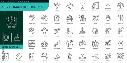 Konstfotografi Human Resources Line Icon Set with Recruitment, Hiring, Leadership, Teamwork and