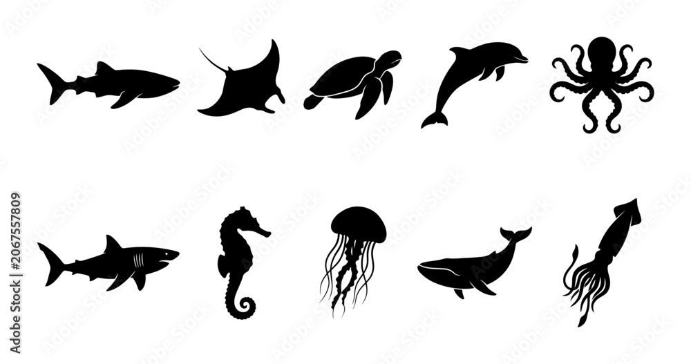 Fototapeta premium Sea Life Silhouette Icons Set Featuring Ocean Creatures and Marine Animals Including Sharks Dolphins and Turtles