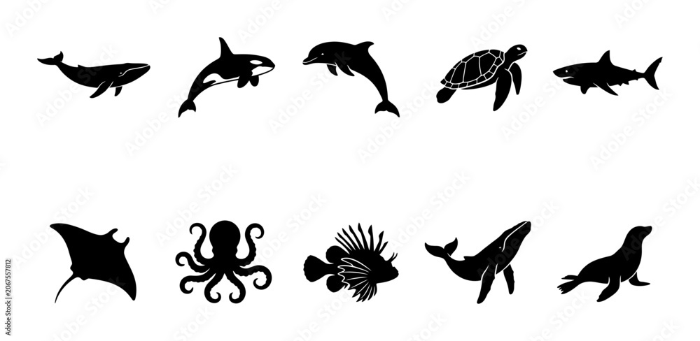 Fototapeta premium Marine Life Silhouette Collection Featuring Ten Aquatic Animals Including Whale Dolphin Sea Turtle Shark and Octopus
