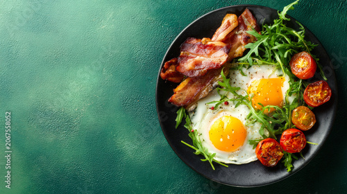 Classic breakfast plate with eggs, bacon, tomatoes and arugula on a green background