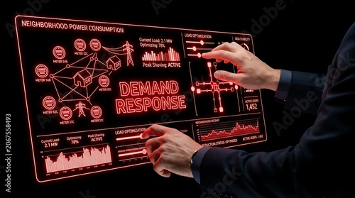 Futuristic energy management interface showing demand response data with hands interacting on screen.