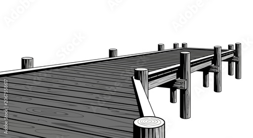 Bild auf Leinwand Black and white illustration of a wooden pier or boardwalk on white background